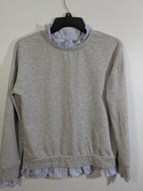 Olivia Warren Womens Gray Sweatshirt Top Sz S Blue Striped Faux Blouse Coastal